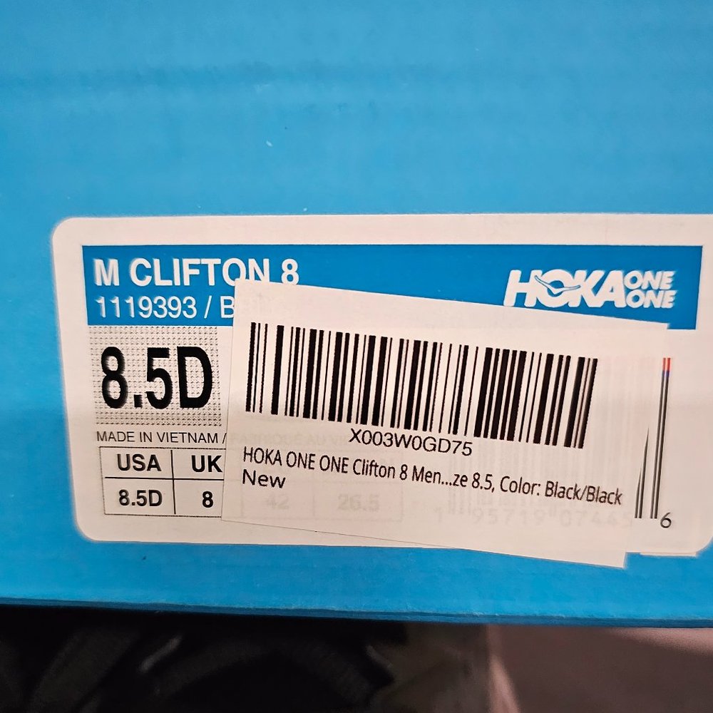 Hoka One One M Clifton 8 Sneaker Running Shoes Black 1119393 Men's Size 8.5D - Picture 2 of 8